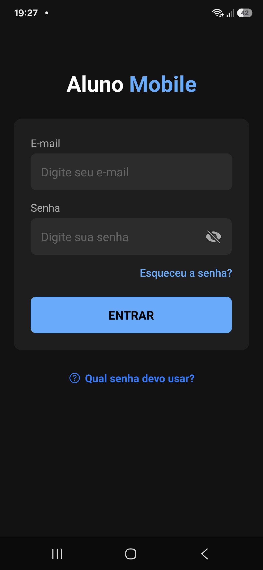 Tela de login do Aluno Mobile