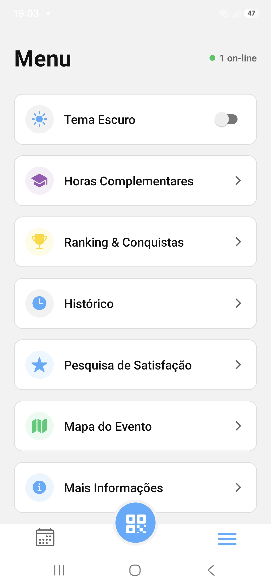Menu do app - parte de cima
