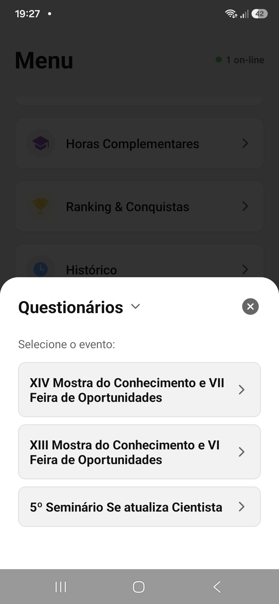 Selecionar evento dos questionários