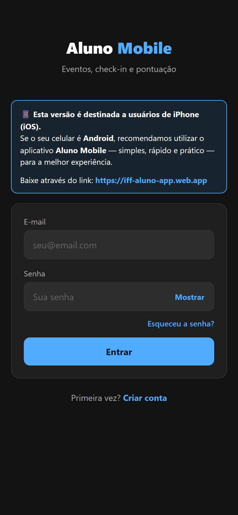 Tela de login no iPhone (site alunomobile.com.br)